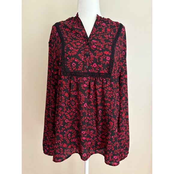 LOFT Women's Long Sleeve Floral Split V-Neck Smocked Button Blouse Size XL - Picture 2 of 12